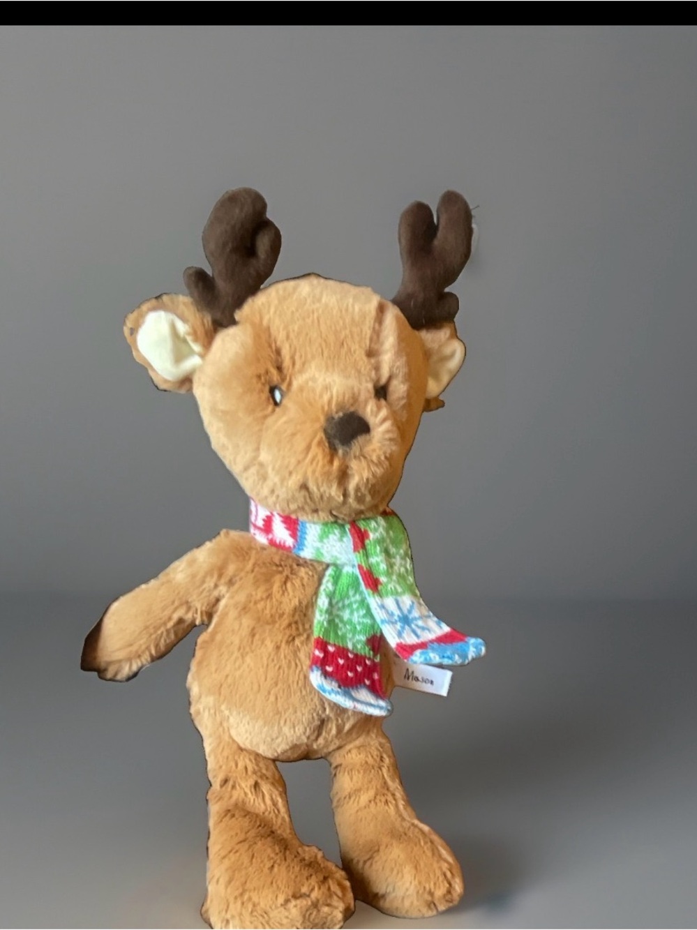 Mason Brown Reindeer Plush with Festive Multi-Colored Scarf